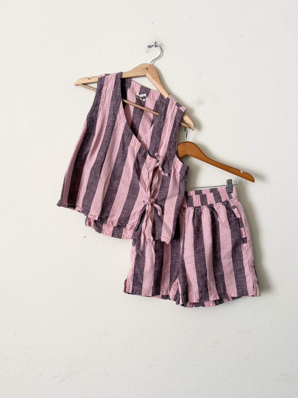 Tbco SMALL pink striped cotton tie top with matching shorts